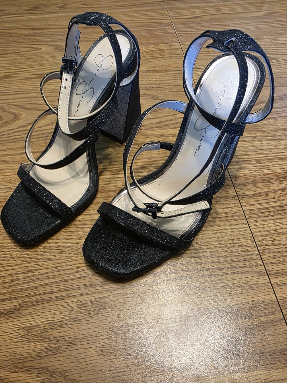 Jessica Simpson Black Glitter Strappy Block Heels